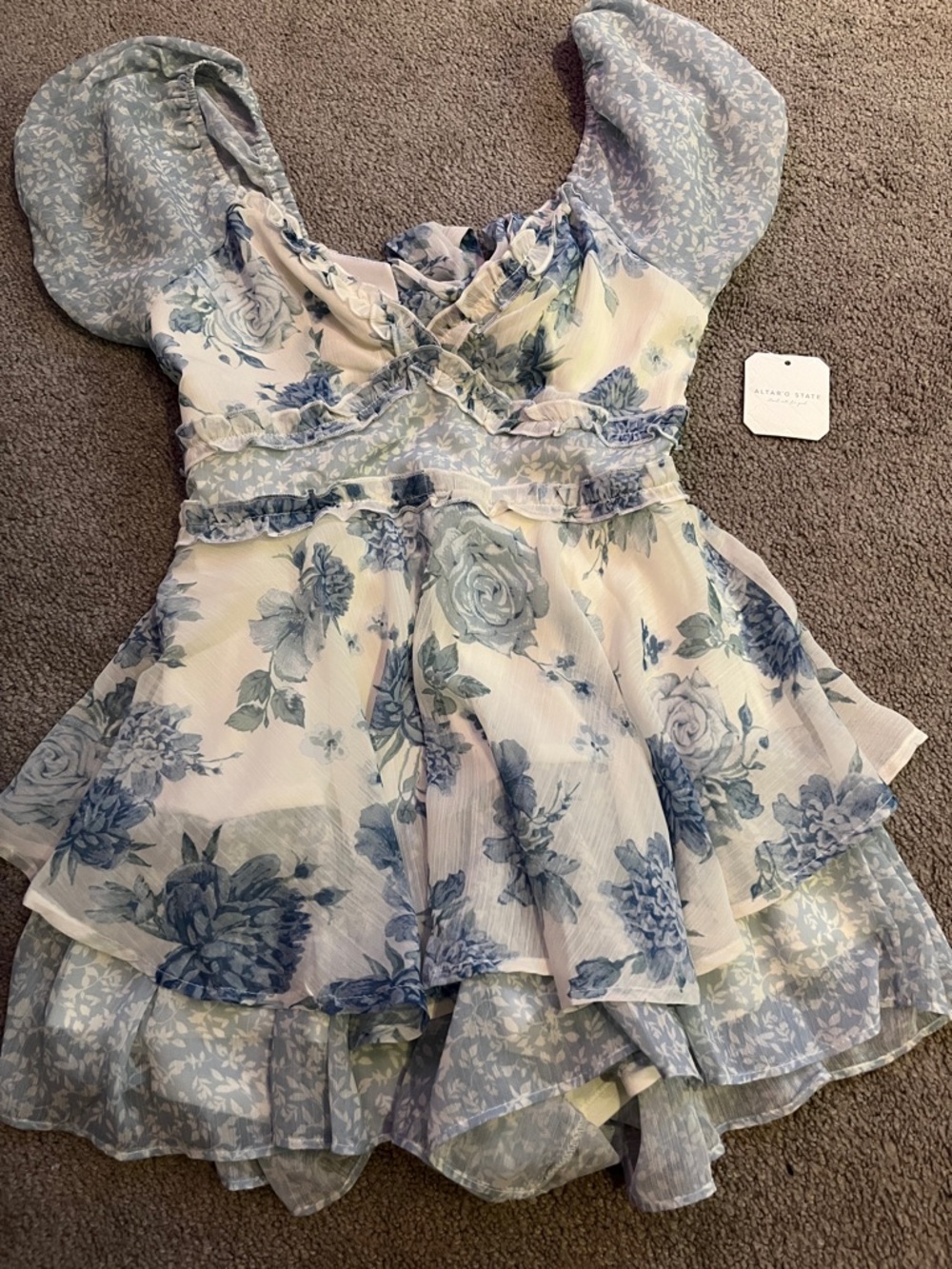 Altar'd State Blue and White Floral Ruffle Peplum Top for Girls